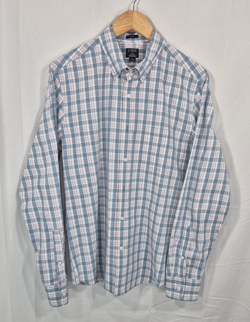 J.Crew Mens Large Flex Washed Slim Fit Blue Pink Plaid Stretch Button Down Shirt